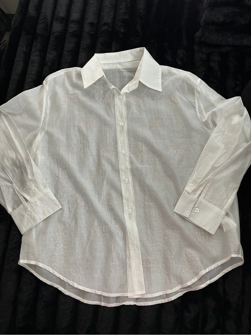 New Womens Sheer Miu Miu Studded Rhinestone Button Down White Blouse Size Med